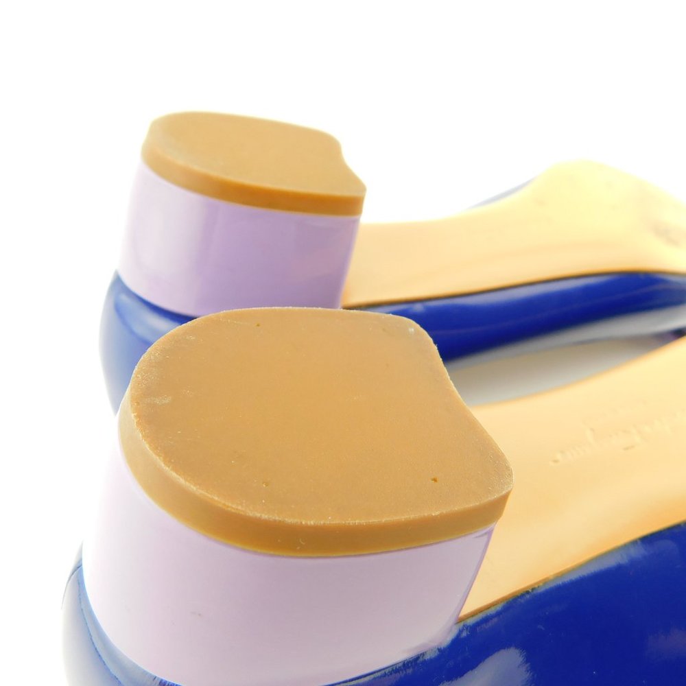 FERRAGAMO Vara Logo Bow Brilliant Blue & Lavender Patent Block Heel Pumps 6.5 - Picture 10 of 13